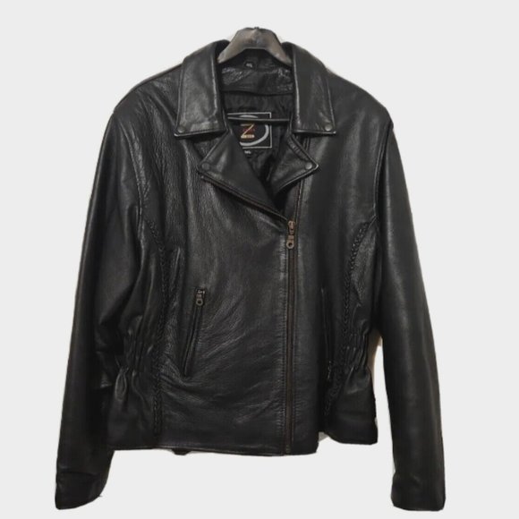 Zony Inc Black Leather Biker Moto Jacket Zip Out Lining - Picture 2 of 14